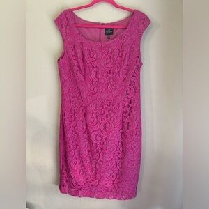 Adrianna Papell Pink Lace Overlay Round Neck Cap Sleeve Sheath Cocktail Dress 14